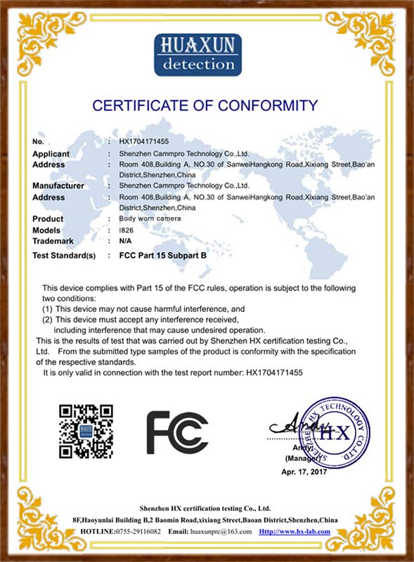 I826 FCC Certificate